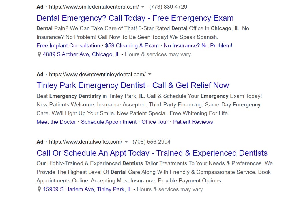 Examples of Google ads for dental practices